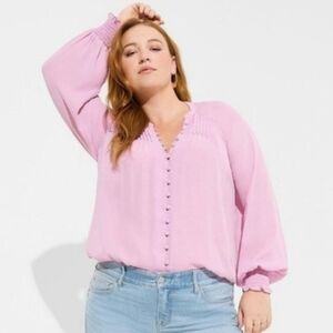 Torrid Georgette Smocked Cuff Button Front Sleeve Blouse Pink Plus Size 0X